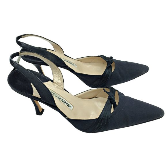 Manolo Blahnik Black Fabric Pumps w/Heel Strap 37 - Picture 1 of 5